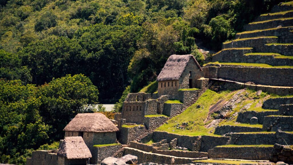Vistas aéreas de las terrazas de Choquequirao rodeadas de montañas y vegetación.