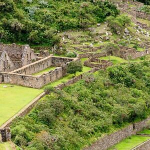 Lhamas caminhando entre os terraços incas de Choquequirao.