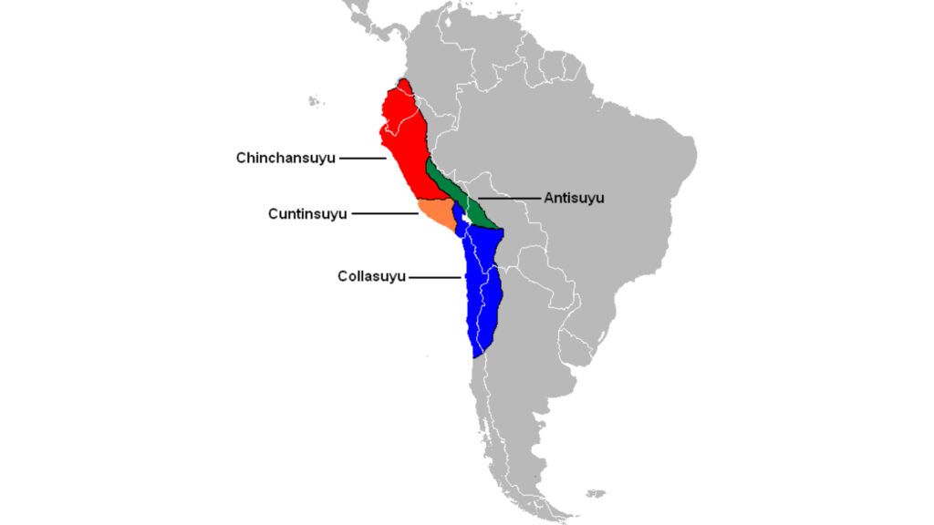 A detailed map of the Tahuantinsuyo, the Inca Empire, divided into its four regions and connected by vast roads.