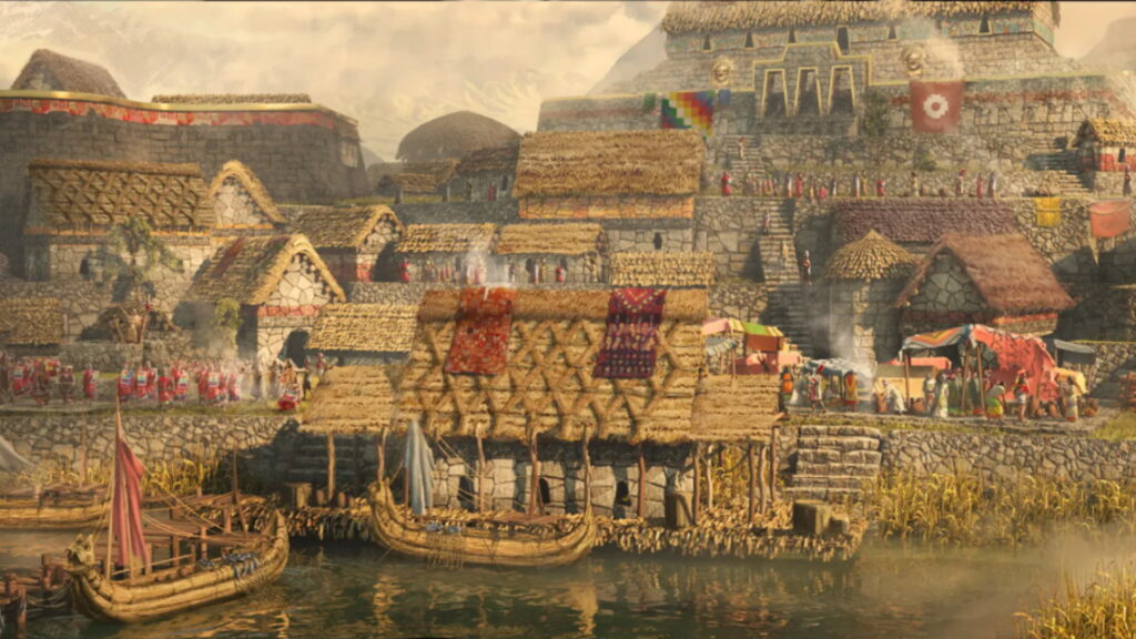 Illustration of an Inca port with totora reed boats, stone buildings, and thatched roofs, depicting trade and daily life in the Inca Empire - Authentic Incan Adventure.