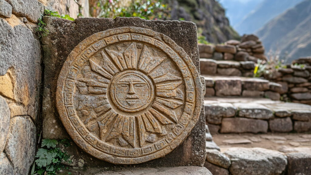 Stone carving featuring the symbol of the Sun God, Inti, at an archaeological site of the Inca Empire, surrounded by ancient stone walls - Authentic Incan Adventure