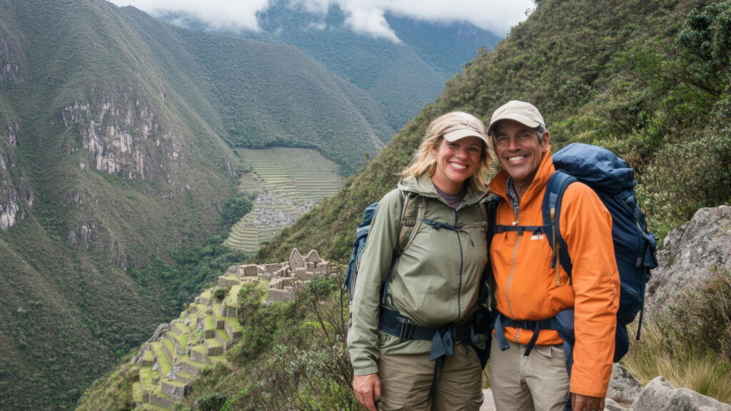Group of smiling, well-prepared hikers enjoying a stunning mountain landscape, illustrating Andean travel altitude preparation for a safe Peru adventure - Authentic Incan Adventures