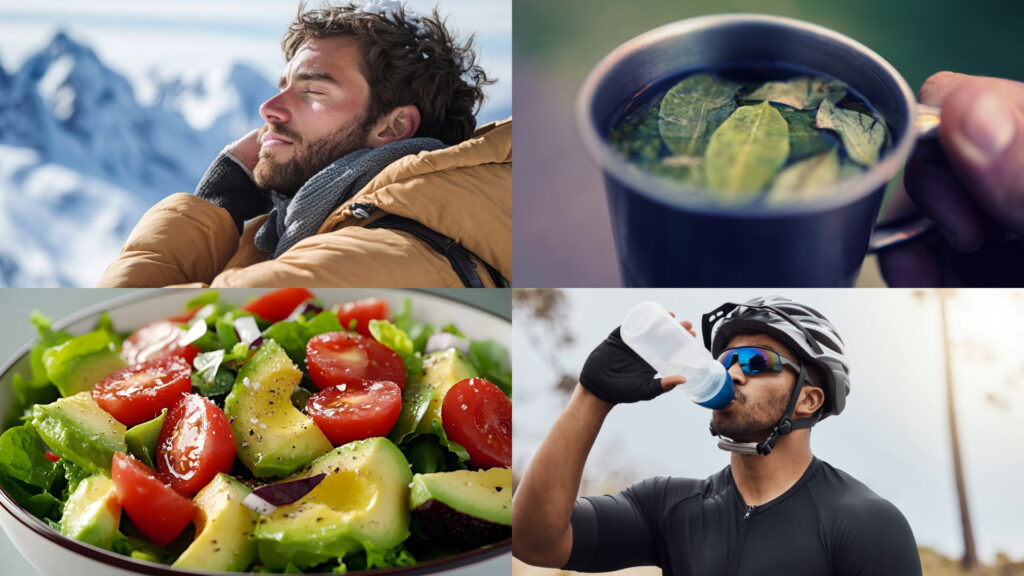 Image collage showing four key strategies to prevent altitude sickness: coca tea, mountain acclimatization, staying hydrated, and eating light food - Authentic Incan Adventures